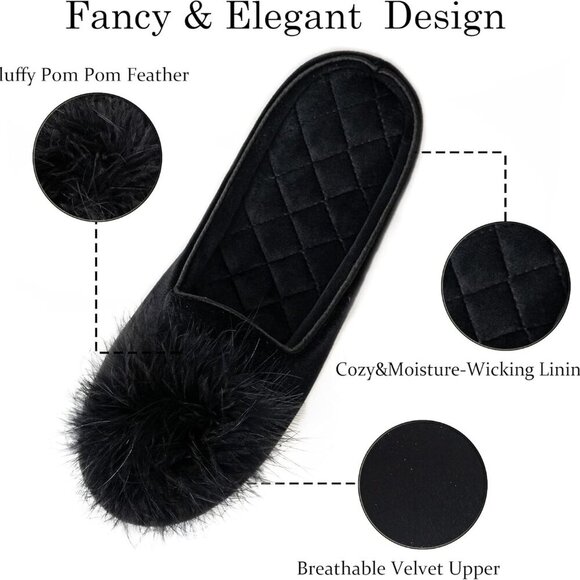 Women's Fuzzy Velvet Memory Foam House Slippers Non-Slip Sole Cozy - Picture 3 of 6